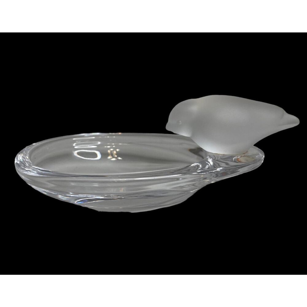 Vintage 1970’s Art Vannes Crystal Candy Dish With Frosted Bird Perched On Edge